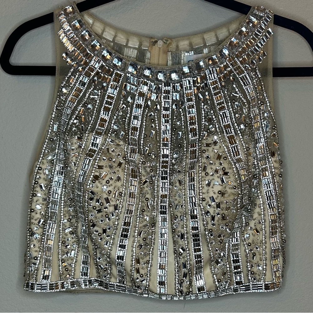 Bustier Women’s Size 10 Cream Mesh Classy Embellished Jewels Zip Back Dress Top - Picture 13 of 15